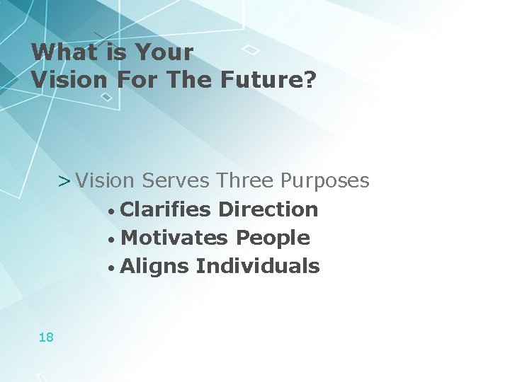What is Your Vision For The Future? > Vision Serves Three Purposes • Clarifies