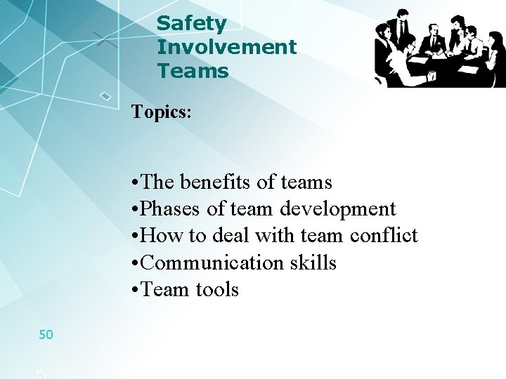 Safety Involvement Teams Topics: • The benefits of teams • Phases of team development