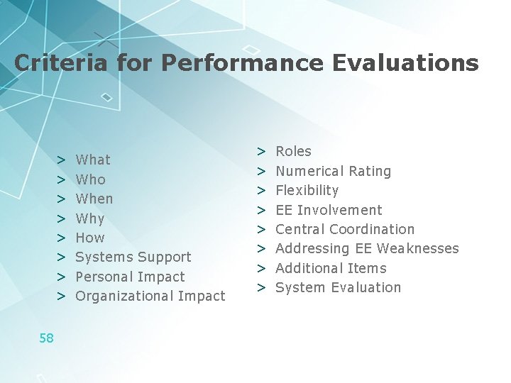 Criteria for Performance Evaluations > > > > 58 What Who When Why How