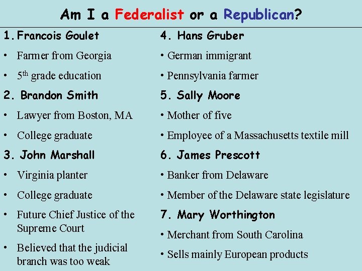 Am I a Federalist or a Republican? 1. Francois Goulet 4. Hans Gruber •