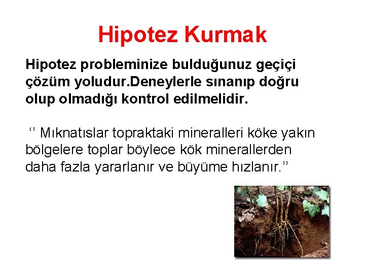 Hipotez Kurmak Hipotez probleminize bulduğunuz geçiçi çözüm yoludur. Deneylerle sınanıp doğru olup olmadığı kontrol Hipotez Kurmak Hipotez probleminize bulduğunuz geçiçi çözüm yoludur. Deneylerle sınanıp doğru olup olmadığı kontrol