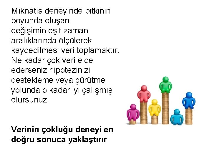 Mıknatıs deneyinde bitkinin boyunda oluşan değişimin eşit zaman aralıklarında ölçülerek kaydedilmesi veri toplamaktır. Ne Mıknatıs deneyinde bitkinin boyunda oluşan değişimin eşit zaman aralıklarında ölçülerek kaydedilmesi veri toplamaktır. Ne