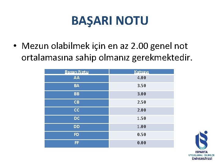 BAŞARI NOTU • Mezun olabilmek için en az 2. 00 genel not ortalamasına sahip