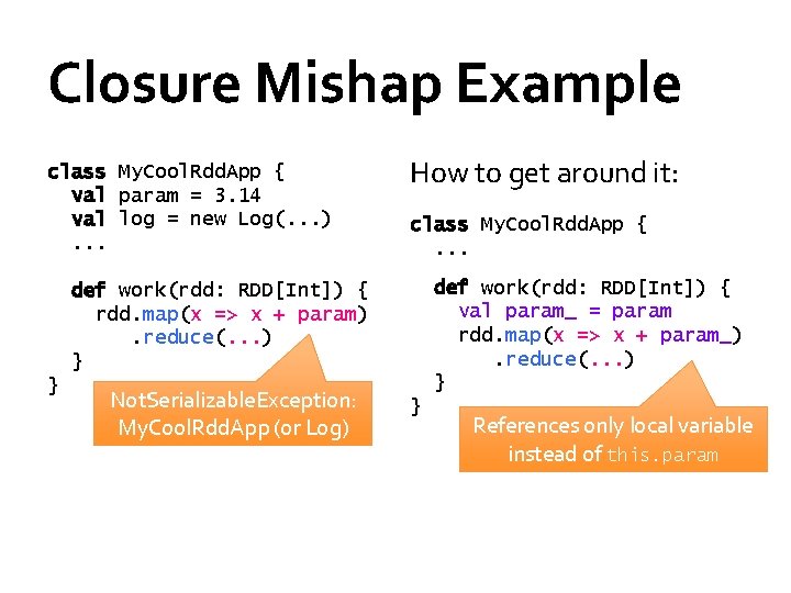 Closure Mishap Example class My. Cool. Rdd. App { val param = 3. 14