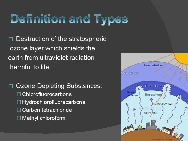 Destruction of the stratospheric ozone layer which shields the earth from ultraviolet radiation harmful