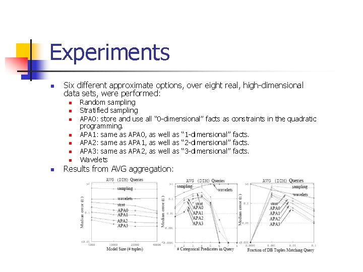 Experiments n Six different approximate options, over eight real, high-dimensional data sets, were performed:
