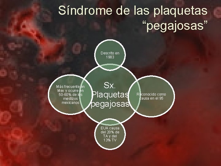 Síndrome de las plaquetas “pegajosas” Descrito en 1983 Más frecuente en Mex y ocurre