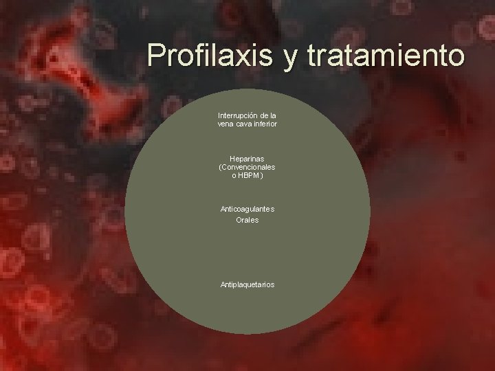 Profilaxis y tratamiento Interrupción de la vena cava inferior Heparinas (Convencionales o HBPM) Anticoagulantes