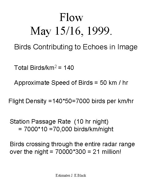 Flow May 15/16, 1999. Birds Contributing to Echoes in Image Total Birds/km 2 =