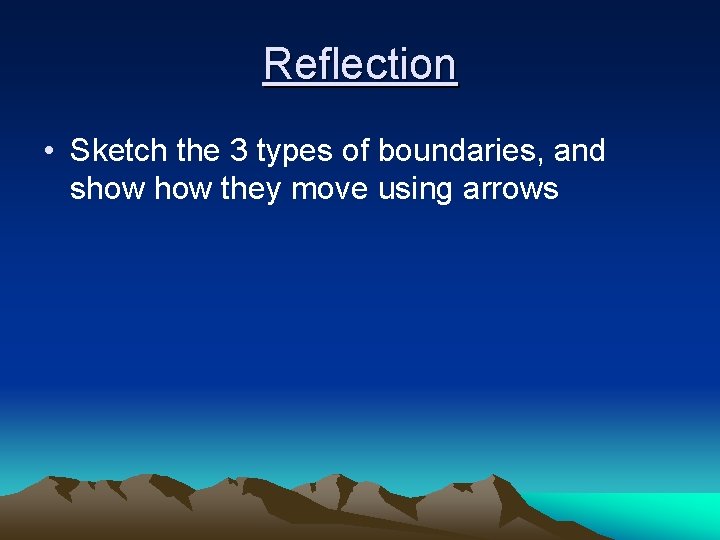 Reflection • Sketch the 3 types of boundaries, and show they move using arrows