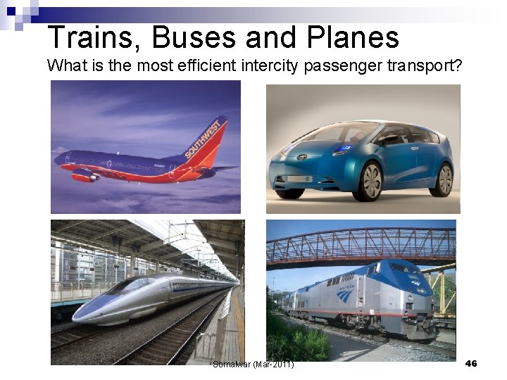 Trains, Buses and Planes What is the most efficient intercity passenger transport? Somalwar (Mar-2011)