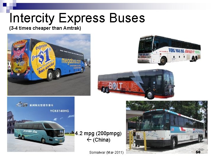 Intercity Express Buses (3 -4 times cheaper than Amtrak) 4. 2 mpg (200 pmpg)