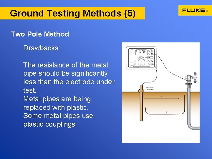 Ground Testing Methods (5) Two Pole Method Drawbacks: The resistance of the metal pipe