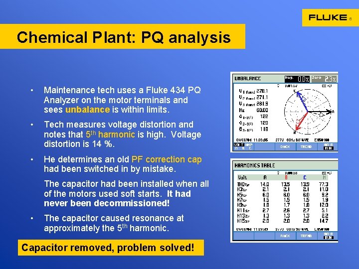 Chemical Plant: PQ analysis • Maintenance tech uses a Fluke 434 PQ Analyzer on