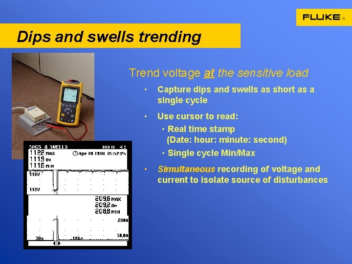 Dips and swells trending Trend voltage at the sensitive load • Capture dips and