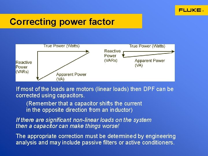 Correcting power factor If most of the loads are motors (linear loads) then DPF