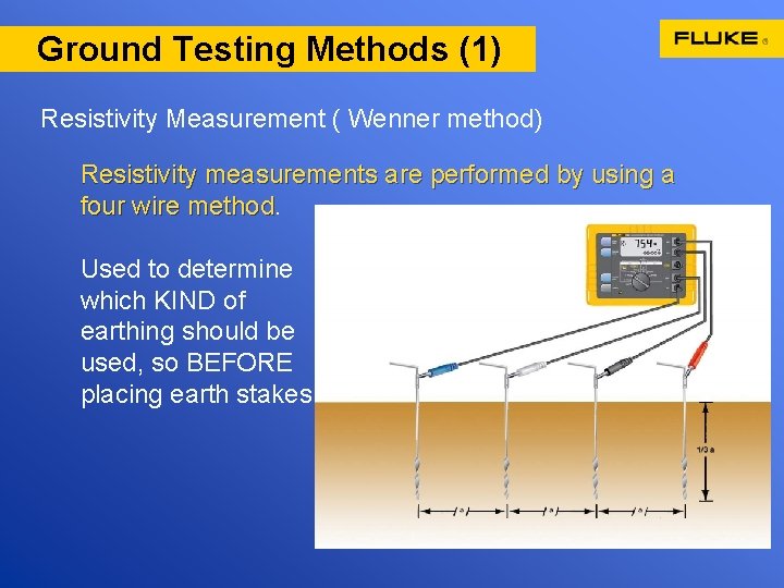 Ground Testing Methods (1) Resistivity Measurement ( Wenner method) Resistivity measurements are performed by