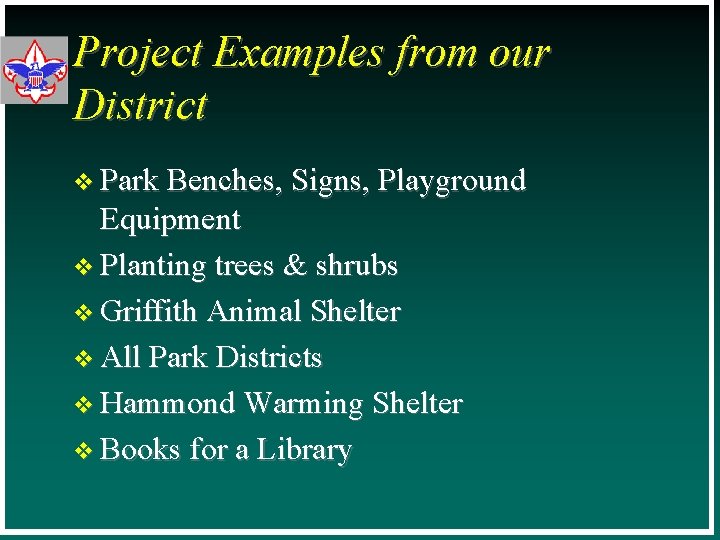 Project Examples from our District v Park Benches, Signs, Playground Equipment v Planting trees