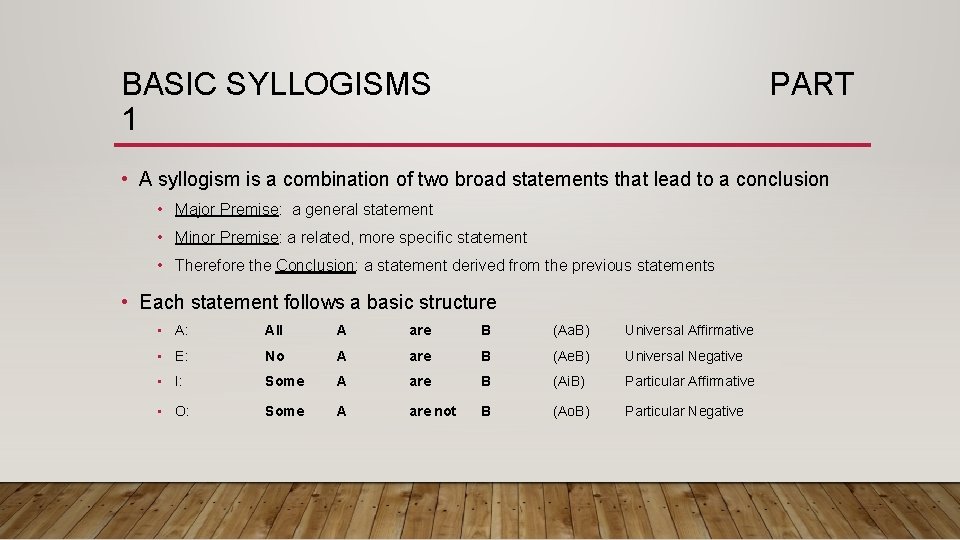 BASIC SYLLOGISMS 1 PART • A syllogism is a combination of two broad statements BASIC SYLLOGISMS 1 PART • A syllogism is a combination of two broad statements