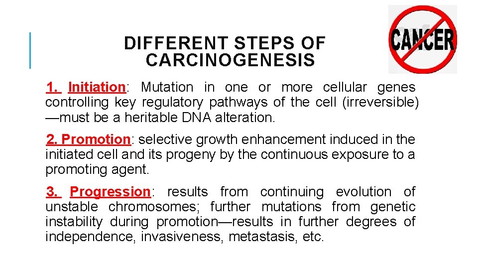 DIFFERENT STEPS OF CARCINOGENESIS 1. Initiation: Mutation in one or more cellular genes controlling