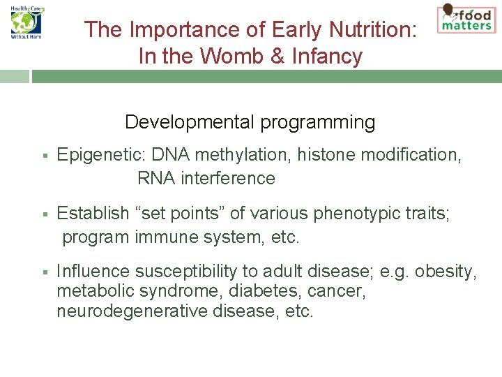 The Importance of Early Nutrition: In the Womb & Infancy Developmental programming § Epigenetic: