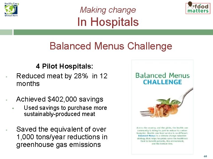 Making change In Hospitals Balanced Menus Challenge § 4 Pilot Hospitals: Reduced meat by