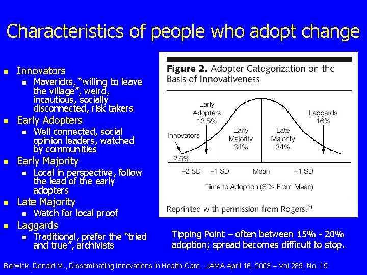 Characteristics of people who adopt change n Innovators n n Early Adopters n n