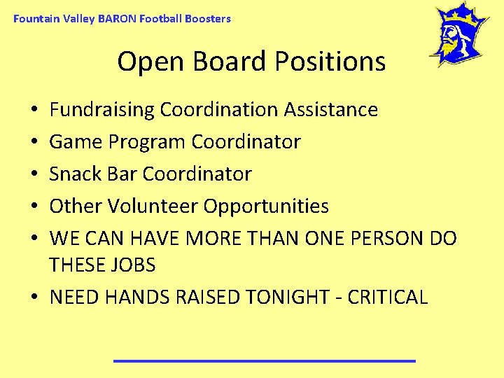 Fountain Valley BARON Football Boosters Open Board Positions Fundraising Coordination Assistance Game Program Coordinator