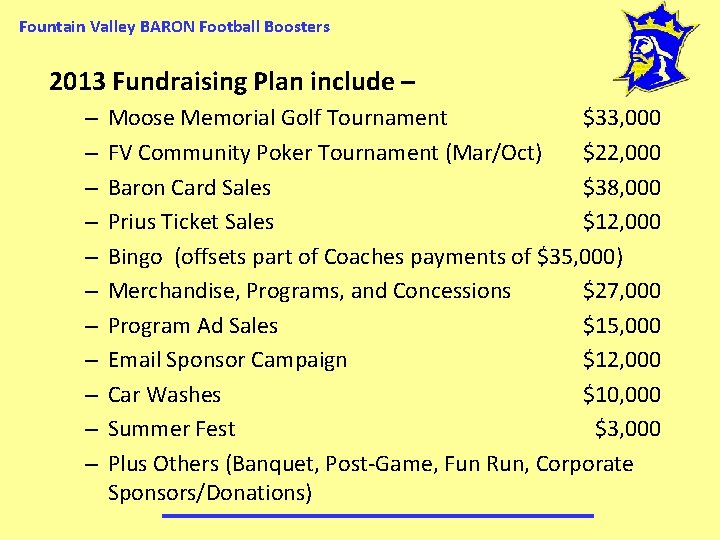 Fountain Valley BARON Football Boosters 2013 Fundraising Plan include – – – Moose Memorial