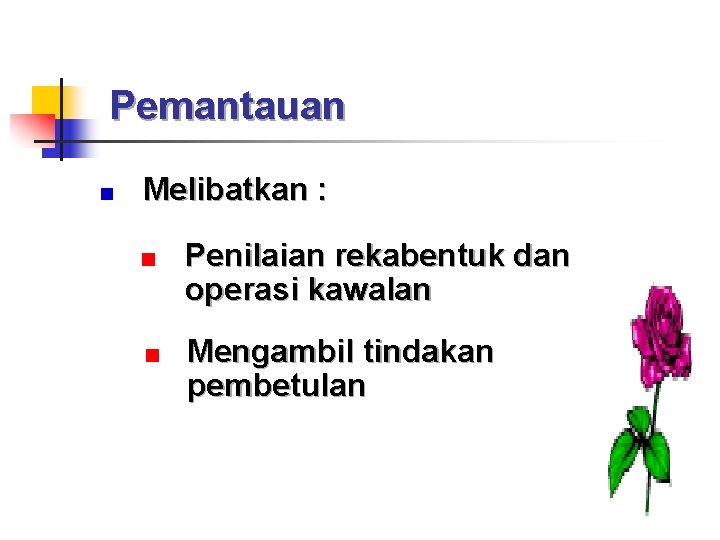 Pemantauan Melibatkan : Penilaian rekabentuk dan operasi kawalan Mengambil tindakan pembetulan 