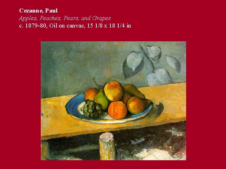 Cezanne, Paul Apples, Peaches, Pears, and Grapes c. 1879 -80, Oil on canvas, 15