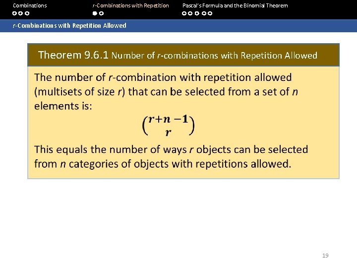  Combinations r-Combinations with Repetition Pascal’s Formula and the Binomial Theorem r-Combinations with Repetition