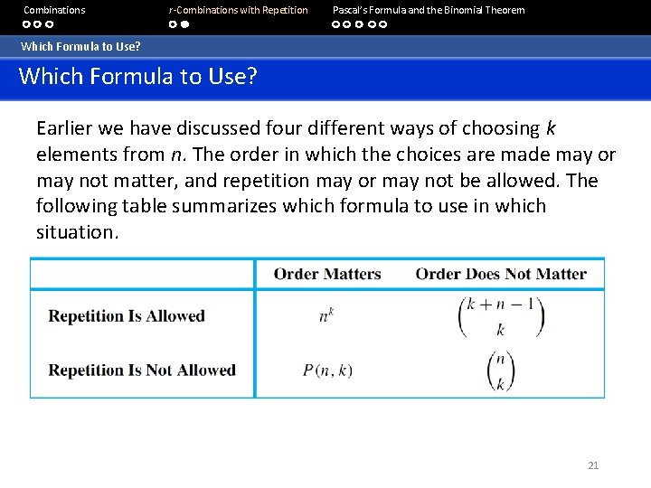  Combinations r-Combinations with Repetition Pascal’s Formula and the Binomial Theorem Which Formula to