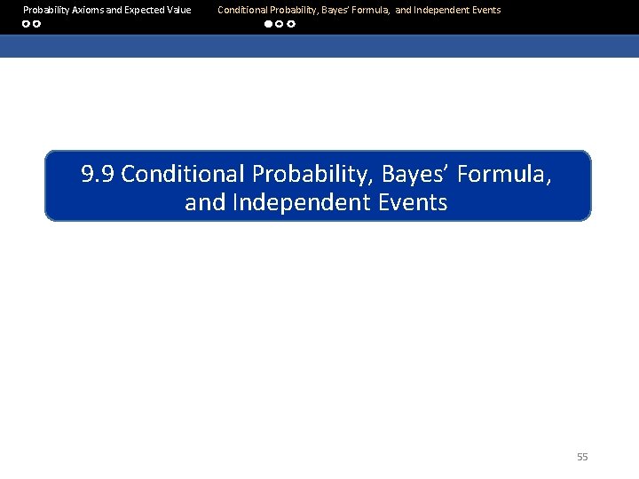  Probability Axioms and Expected Value Conditional Probability, Bayes’ Formula, and Independent Events 9.