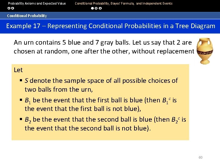  Probability Axioms and Expected Value Conditional Probability, Bayes’ Formula, and Independent Events Conditional