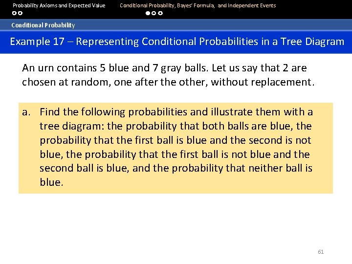  Probability Axioms and Expected Value Conditional Probability, Bayes’ Formula, and Independent Events Conditional