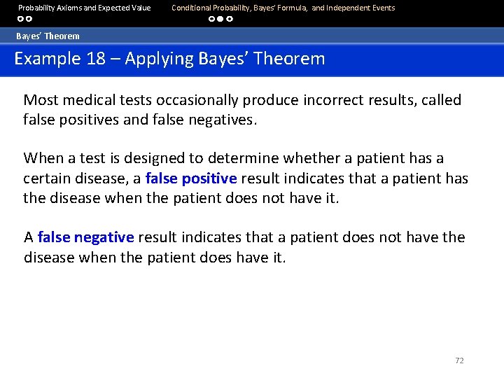  Probability Axioms and Expected Value Conditional Probability, Bayes’ Formula, and Independent Events Bayes’