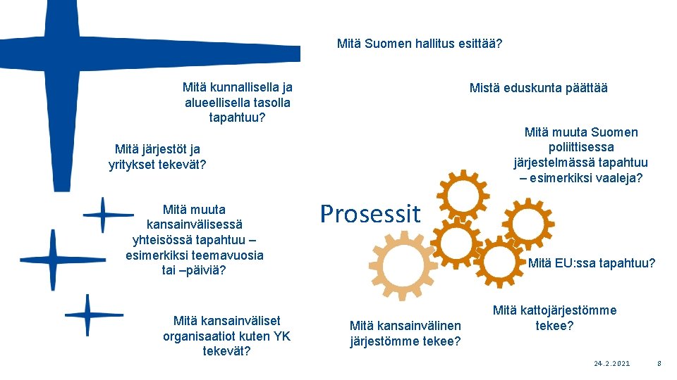 Mitä Suomen hallitus esittää? Mitä kunnallisella ja alueellisella tasolla tapahtuu? Mistä eduskunta päättää Mitä