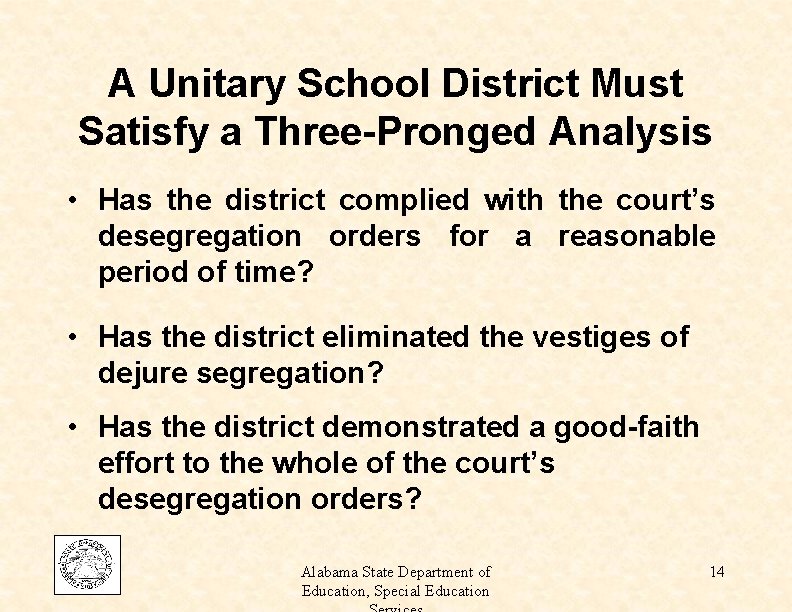 A Unitary School District Must Satisfy a Three-Pronged Analysis • Has the district complied
