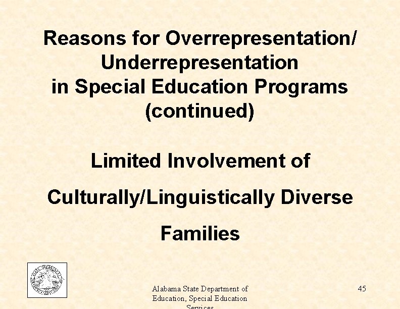 Reasons for Overrepresentation/ Underrepresentation in Special Education Programs (continued) Limited Involvement of Culturally/Linguistically Diverse