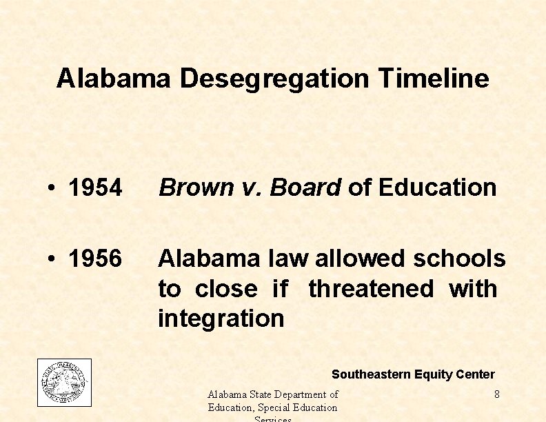 Alabama Desegregation Timeline • 1954 Brown v. Board of Education • 1956 Alabama law