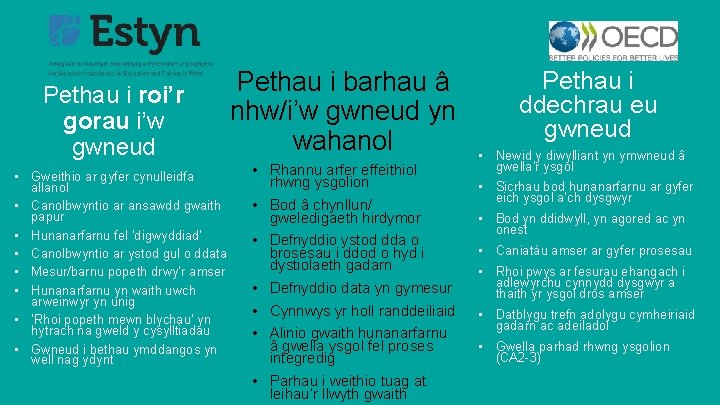 Pethau i roi’r gorau i’w gwneud • Gweithio ar gyfer cynulleidfa allanol • Canolbwyntio
