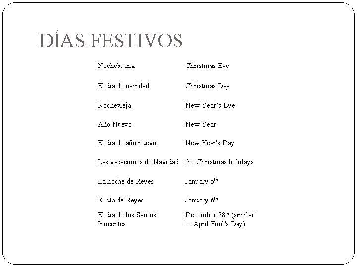 DÍAS FESTIVOS Nochebuena Christmas Eve El día de navidad Christmas Day Nochevieja New Year’s