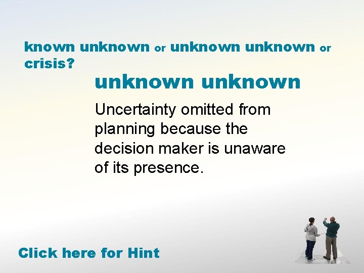 known unknown crisis? or unknown Uncertainty omitted from planning because the decision maker is