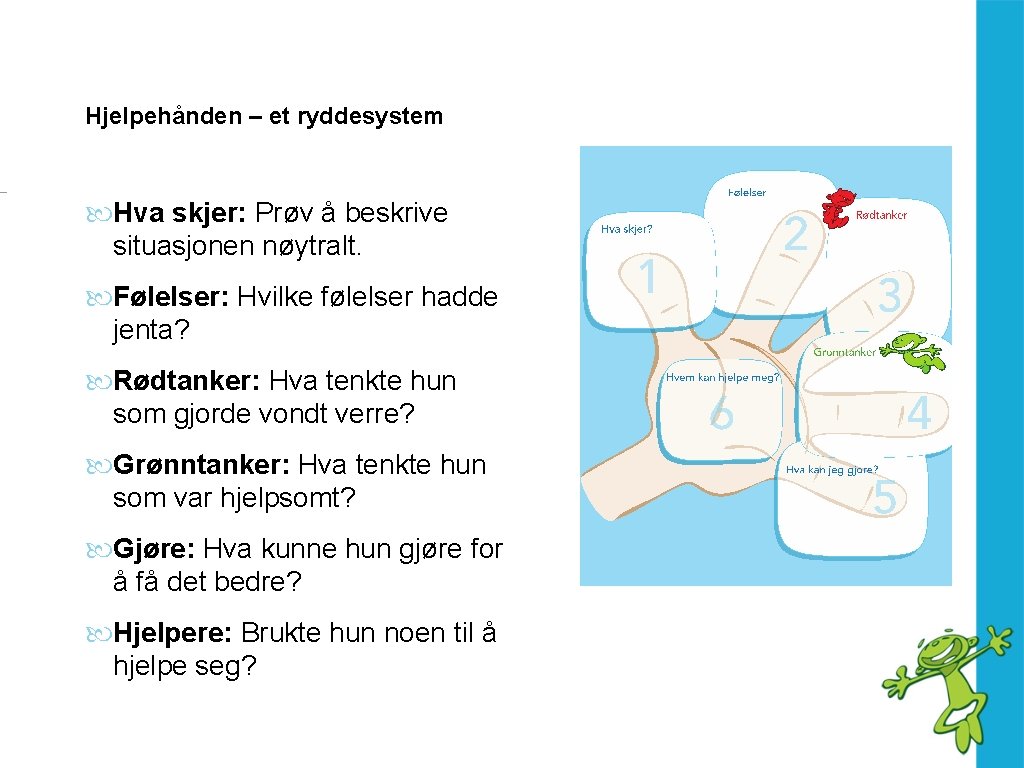 Hjelpehånden – et ryddesystem Hva skjer: Prøv å beskrive situasjonen nøytralt. Følelser: Hvilke følelser