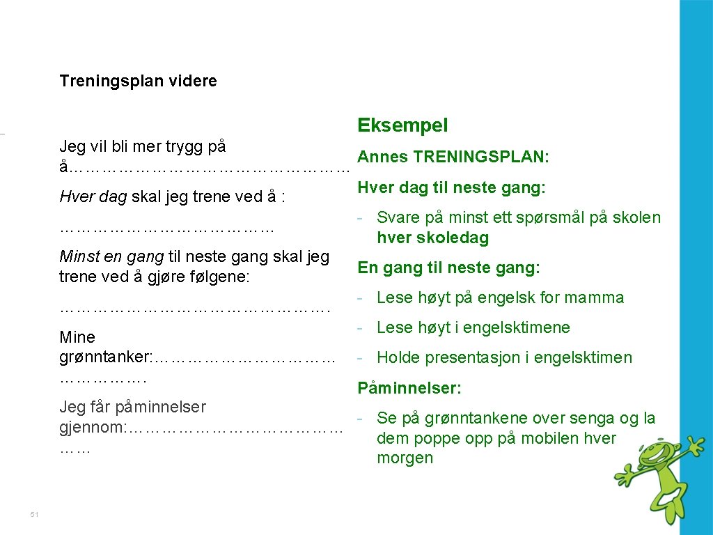 Treningsplan videre Eksempel Jeg vil bli mer trygg på Annes TRENINGSPLAN: å……………………… Hver dag