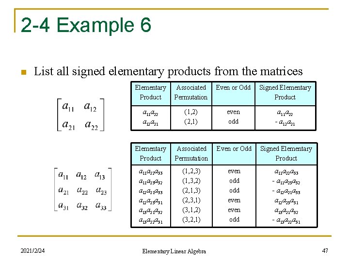 2 -4 Example 6 n List all signed elementary products from the matrices 2021/2/24