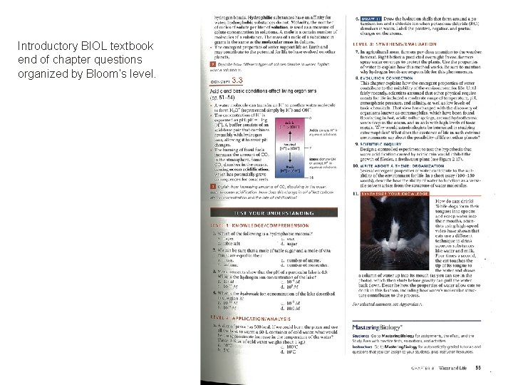 Introductory BIOL textbook end of chapter questions organized by Bloom’s level. 