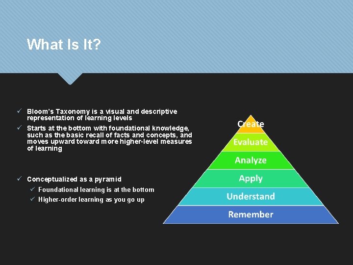 What Is It? ü Bloom’s Taxonomy is a visual and descriptive representation of learning
