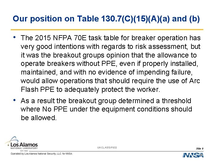 Our position on Table 130. 7(C)(15)(A)(a) and (b) • The 2015 NFPA 70 E